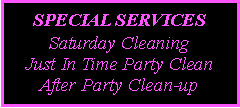Text Box: SPECIAL SERVICESSaturday CleaningJust In Time Party CleanAfter Party Clean-up